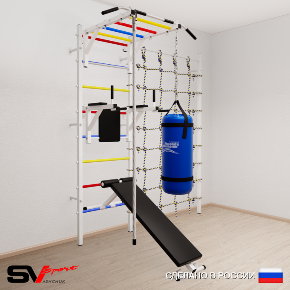 Шведская стенка Sv Sport усиленная 65010 (Турник рукоход/Брусья/Скамья/Канат/Цепь/Мешок 15кг/Канатный лаз)