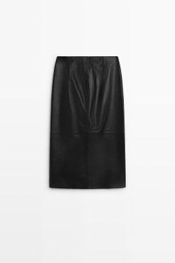 Massimo Dutti Юбка миди из кожи наппа с застежкой-молнией спереди, черный
