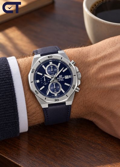 CASIO EFV-640L-2AVUDF EDIFICE мужские наручные часы — хронограф на кожаном ремешке с синим циферблатом