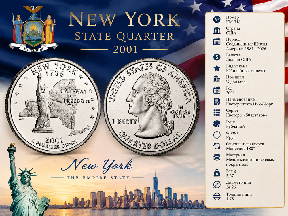 США 25 центов 2001 D Штат - Нью-Йорк UNC
