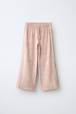 ZARA БРЮКИ WIDE LEG ИЗ ВЕЛЬВЕТА С КОНТРАСТНЫМИ ЛАМПАСАМИ, РОЗОВЫЙ