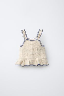 ZARA ТРИКОТАЖНЫЙ ТОП С ВЫШИВКОй, ЭКРЮ/СИНИЙ