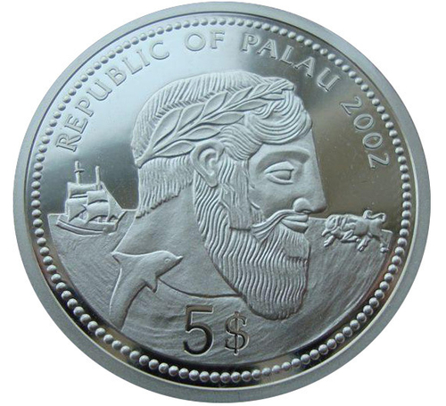 Палау 5 долларов 2002 Рыба Дельфин Корабль парусник Защита морской жизни СЕРЕБРО