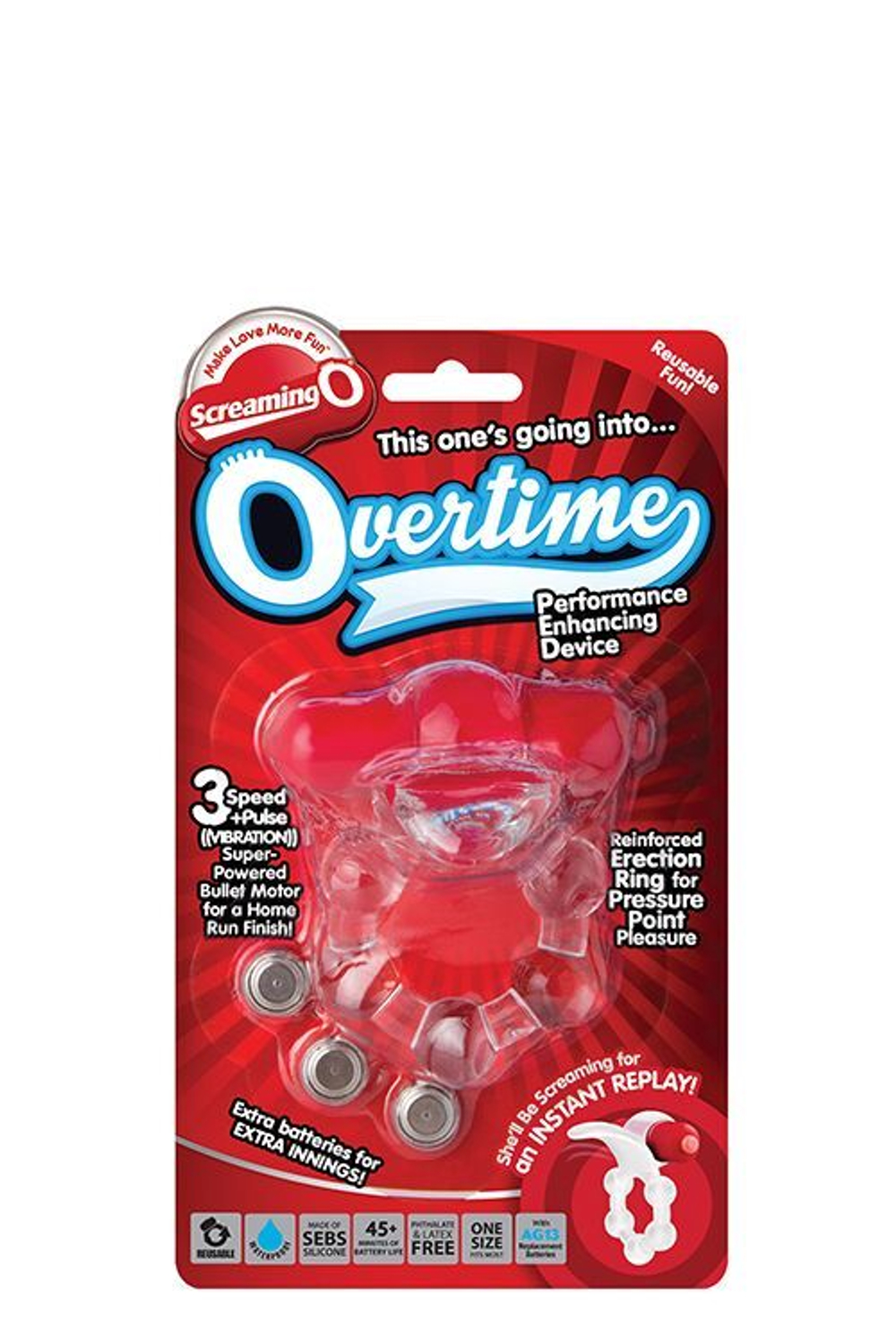 Виброкольцо с язычком и красным виброэлементом Overtime (Цвет: красный)
