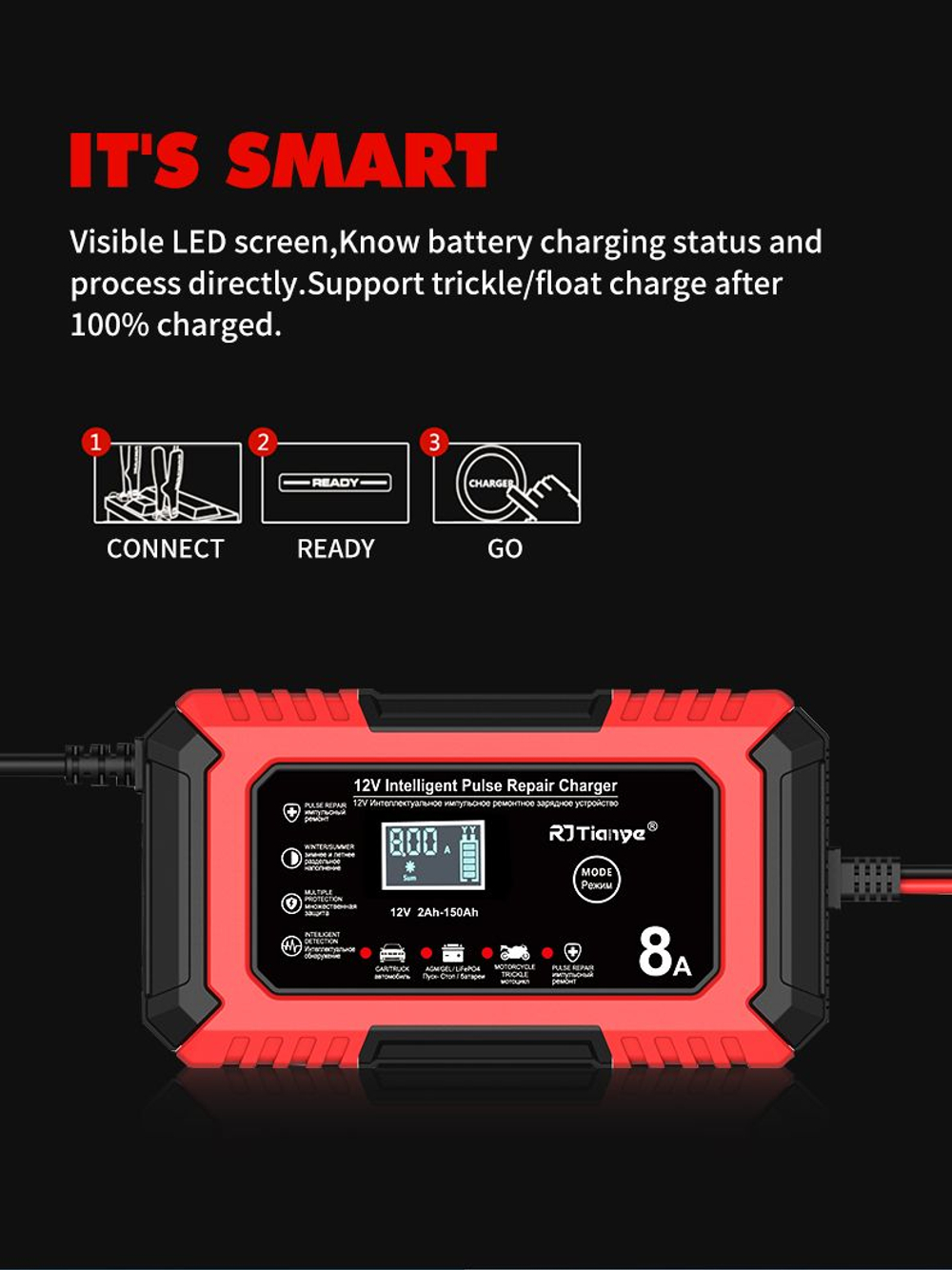 Устройство зарядное для аккумулятора (Pb / AGM / LiFePo4)12V 8A RJTianye красное