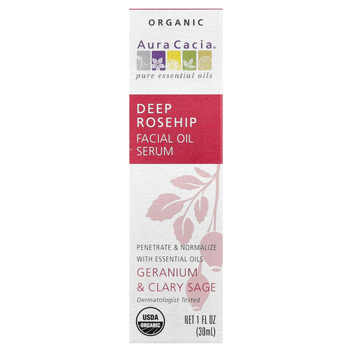 Aura Cacia, Органическая сыворотка для лица с эфирным маслом шиповника, герань и шалфей, 1 жидкая унция (30 мл)