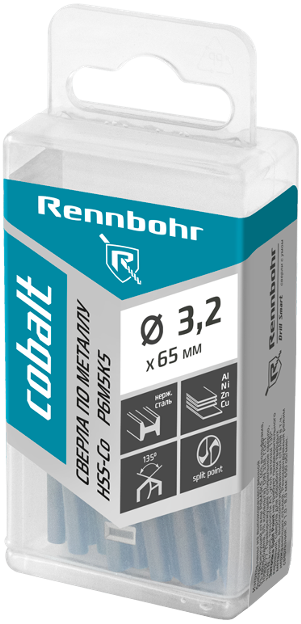 Сверло по металлу, ЦХ, 3,2х65мм, HSS-Co, Р6М5К5, 20шт/уп RENNBOHR COBALT PROM