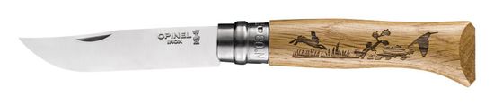 Складной нож Opinel №8, нержавеющая сталь, рукоять дуб, гравировка заяц, 002333 c клинком из стали Sandvik™ 12С27