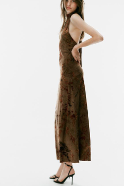 ZARA ДЛИННОЕ ПЛАТЬЕ ХАЛТЕР С ФЛОКОВЫМ УЗОРОМ И ШАРФОМ, СВЕТЛО-КОРИЧНЕВЫЙ