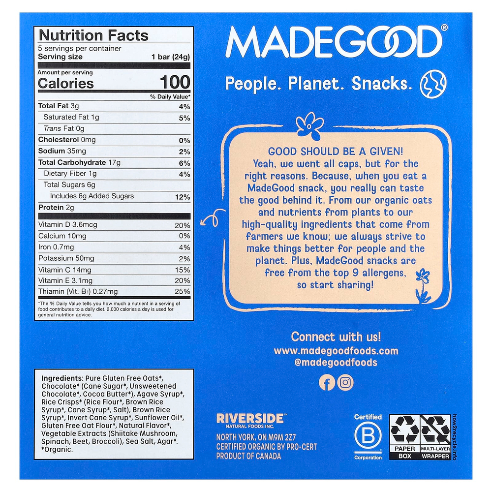 MadeGood, Батончики мюсли, с шоколадом, ваниль, 5 батончиков, 24 г (0,85 унции)