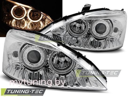 Передние фары Ford Focus 1 angel eyes chrome