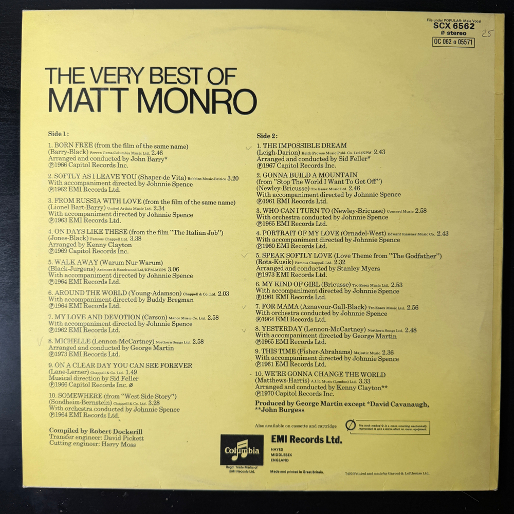 Matt Monro ‎– The Very Best Of Matt Monro (Англия 1974г.) Promo