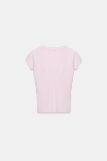 ZARA ФУТБОЛКА С V-ОБРАЗНЫМ ВЫРЕЗОМ, РОЗОВЫЙ