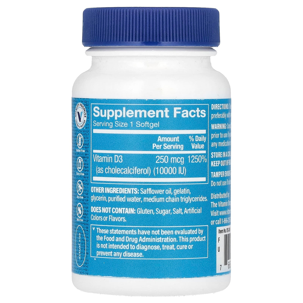 The Vitamin Shoppe, витамин D3, 250 мкг (10 000 МЕ), 100 мягких таблеток