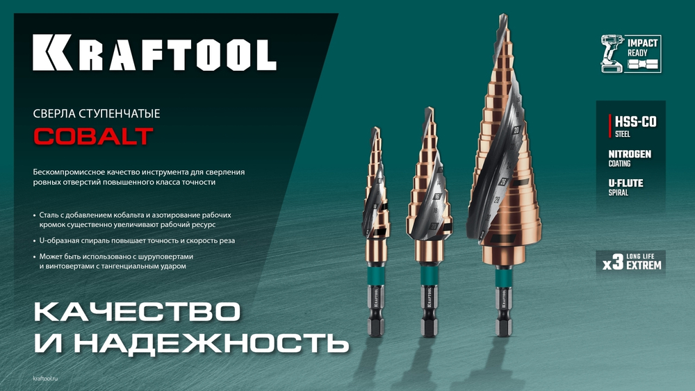 KRAFTOOL COBALT 6-30мм, 13 ступеней, азотирование, винтовая спираль, сверло ступенчатое(29691-6-30-13)