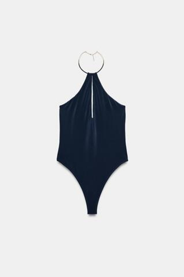 ZARA БОДИ С ГОРЛОВИНОЙ ХАЛТЕР И ЧОКЕРОМ, МОРСКОЙ ТЕМНО-СИНИЙ