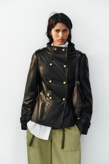 ZARA КУРТКА ИЗ ИСКУССТВЕННОЙ КОЖИ С ПУГОВИЦАМИ, ЧЕРНЫЙ