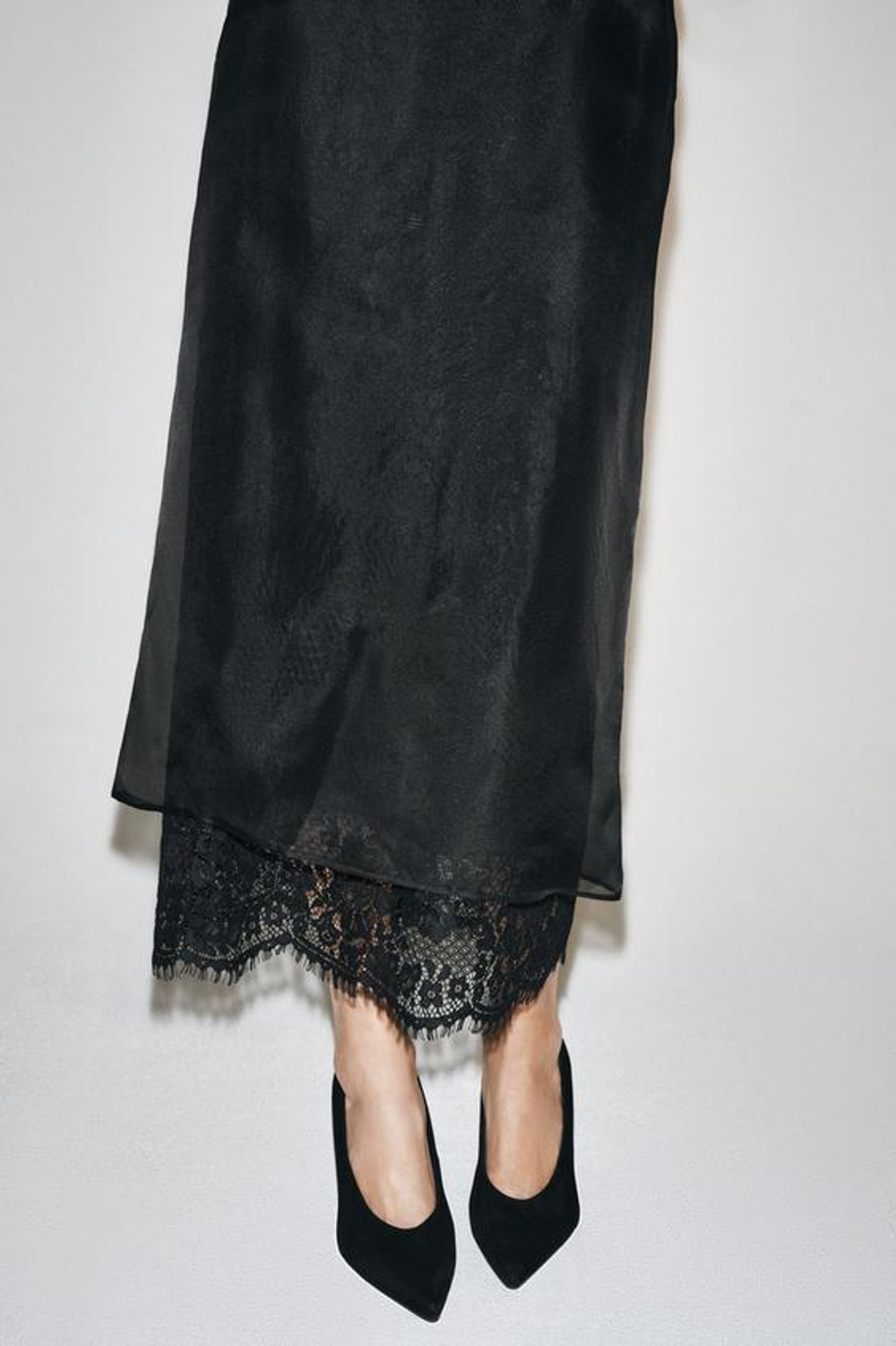 ZARA ЮБКА ИЗ 100% ШЕЛКА С КРУЖЕВОМ — ZW COLLECTION, ЧЕРНЫЙ