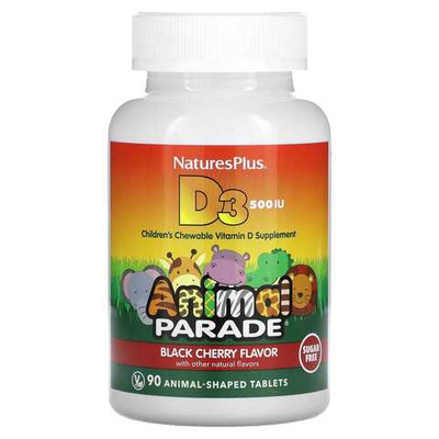 NaturesPlus, Animal Parade Vitamin D3 12.5 mcg (500 IU), 90 Chewable Tablets | Bolalar uchun D3 vitamini, olcha, 90 ta chaynaladigan tabletka
