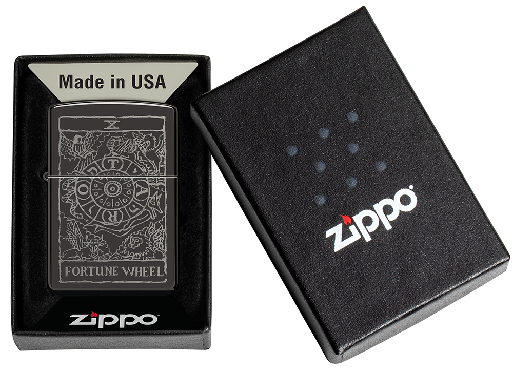 Зажигалка ZIPPO Wheel Of Fortune с покрытием High Polish Black, латунь/сталь, черная, глянцевая, 38x