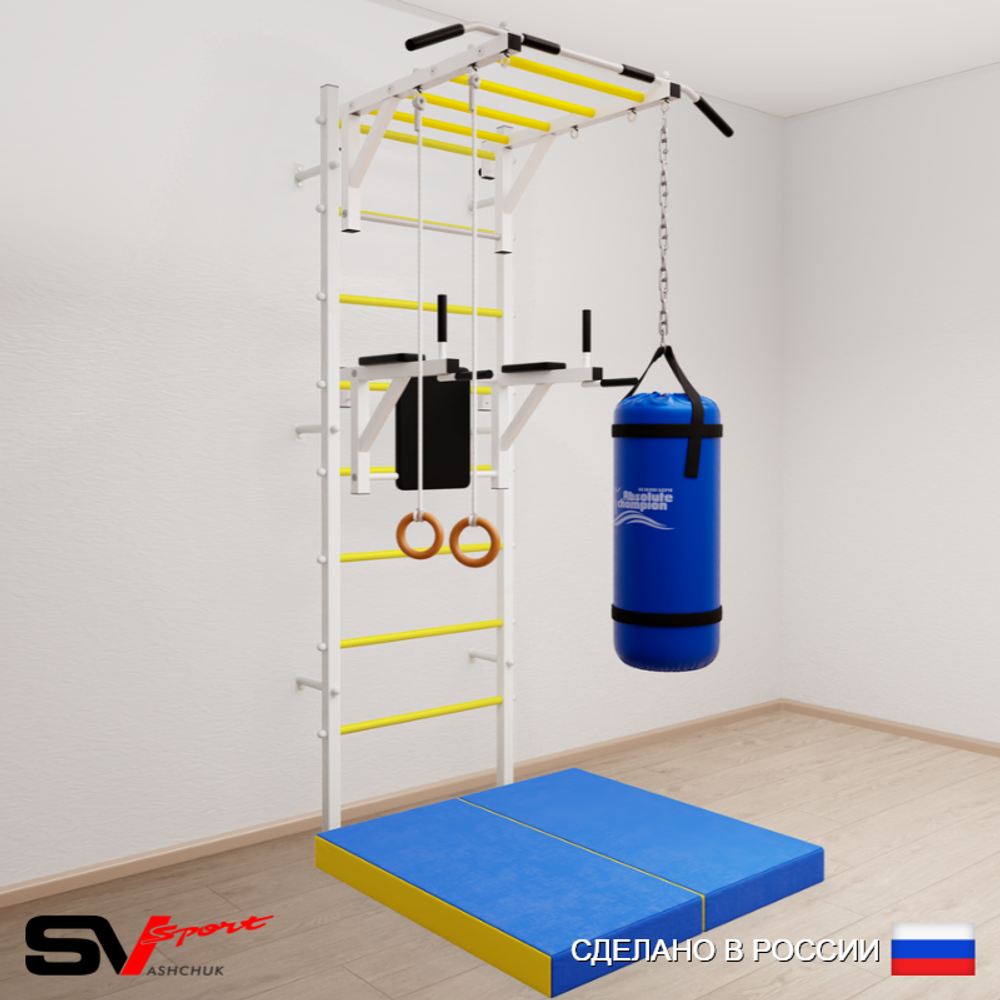 Шведская стенка Sv Sport усиленная 6415 (Турник рукоход/Брусья/Кольца/Цепь/Мешок 15кг/Мат 1м)