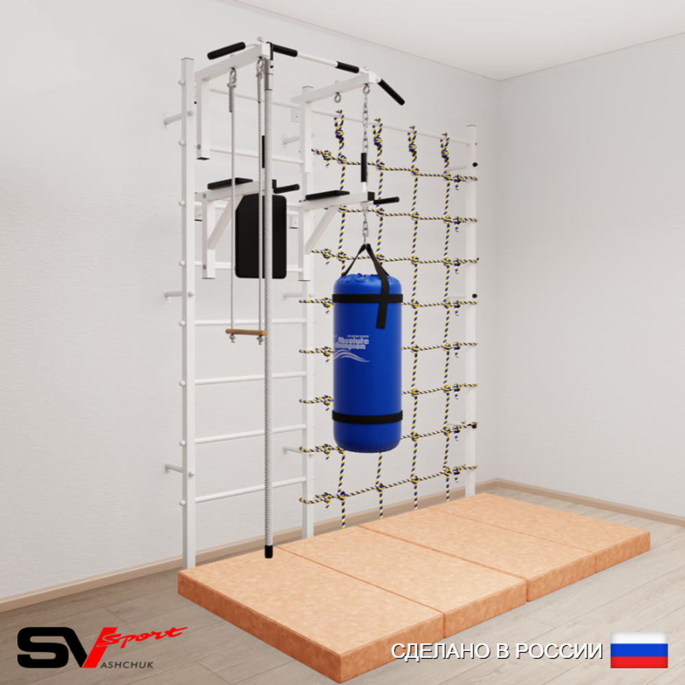 Шведская стенка Sv Sport 57670 (Турник стандарт/Брусья/Канат/Трапеция/Цепь/Мешок 30кг/Мат 2м/Канатный лаз)