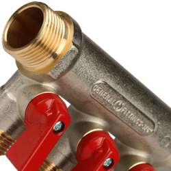 STOUT Коллектор с шаровыми кранами 3/4", 3 отвода 1/2" (красные ручки)
