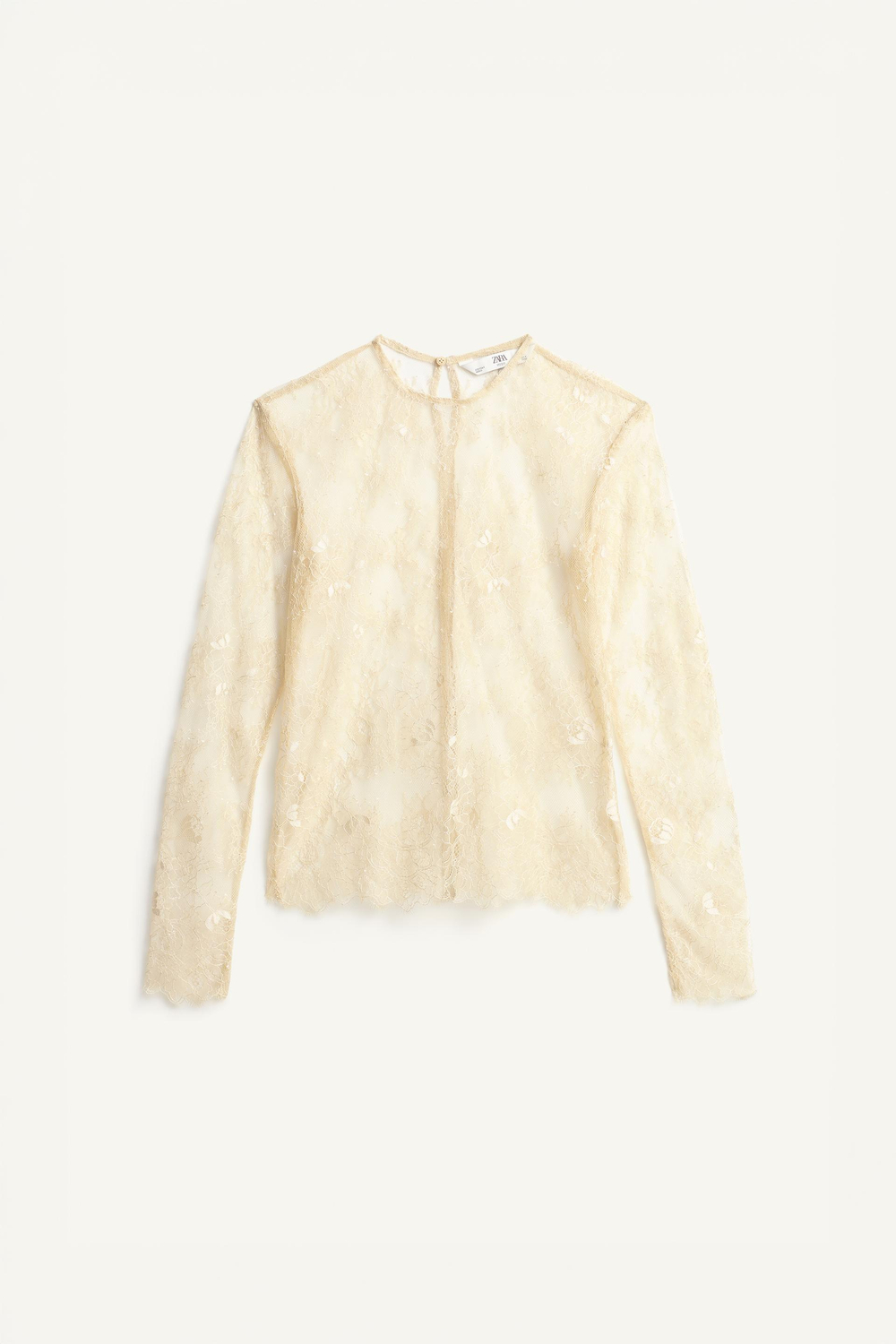 ZARA ПОЛУПРОЗРАЧНЫЙ КРУЖЕВНОЙ ТОП - LIMITED EDITION, КРЕМОВЫЙ