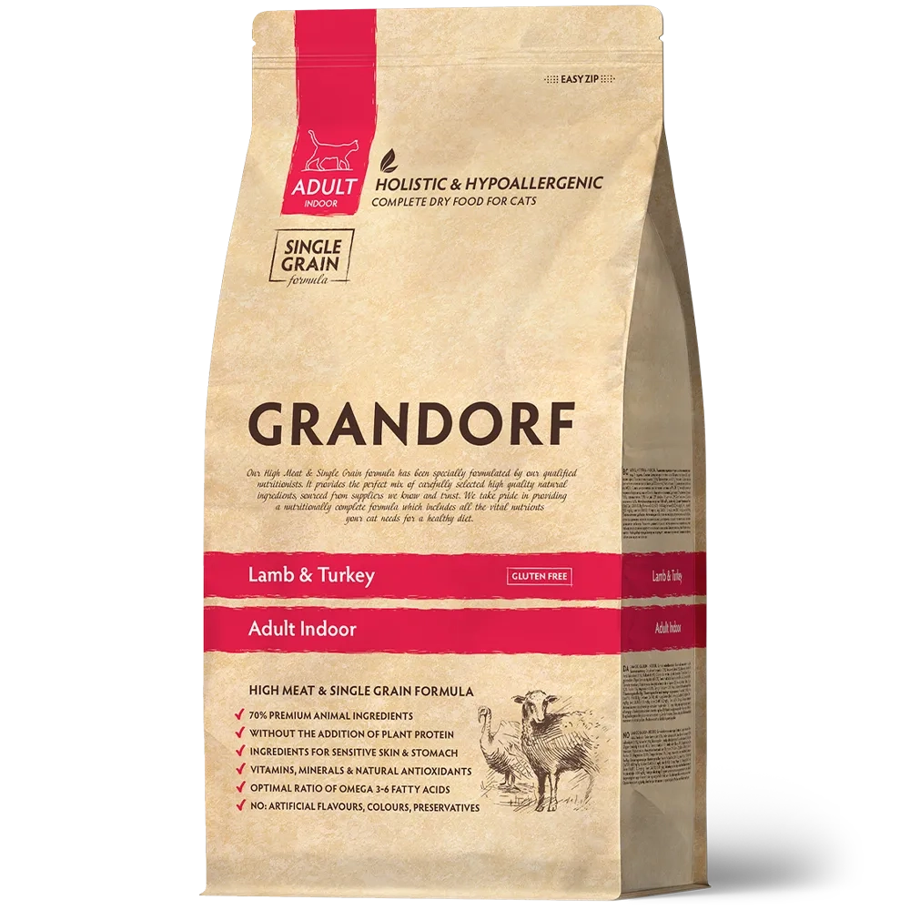 Сухой низкозерновой корм GRANDORF CAT Lamb&Turkey INDOOR корм для взрослых кошек, ягненок и индейка 2кг