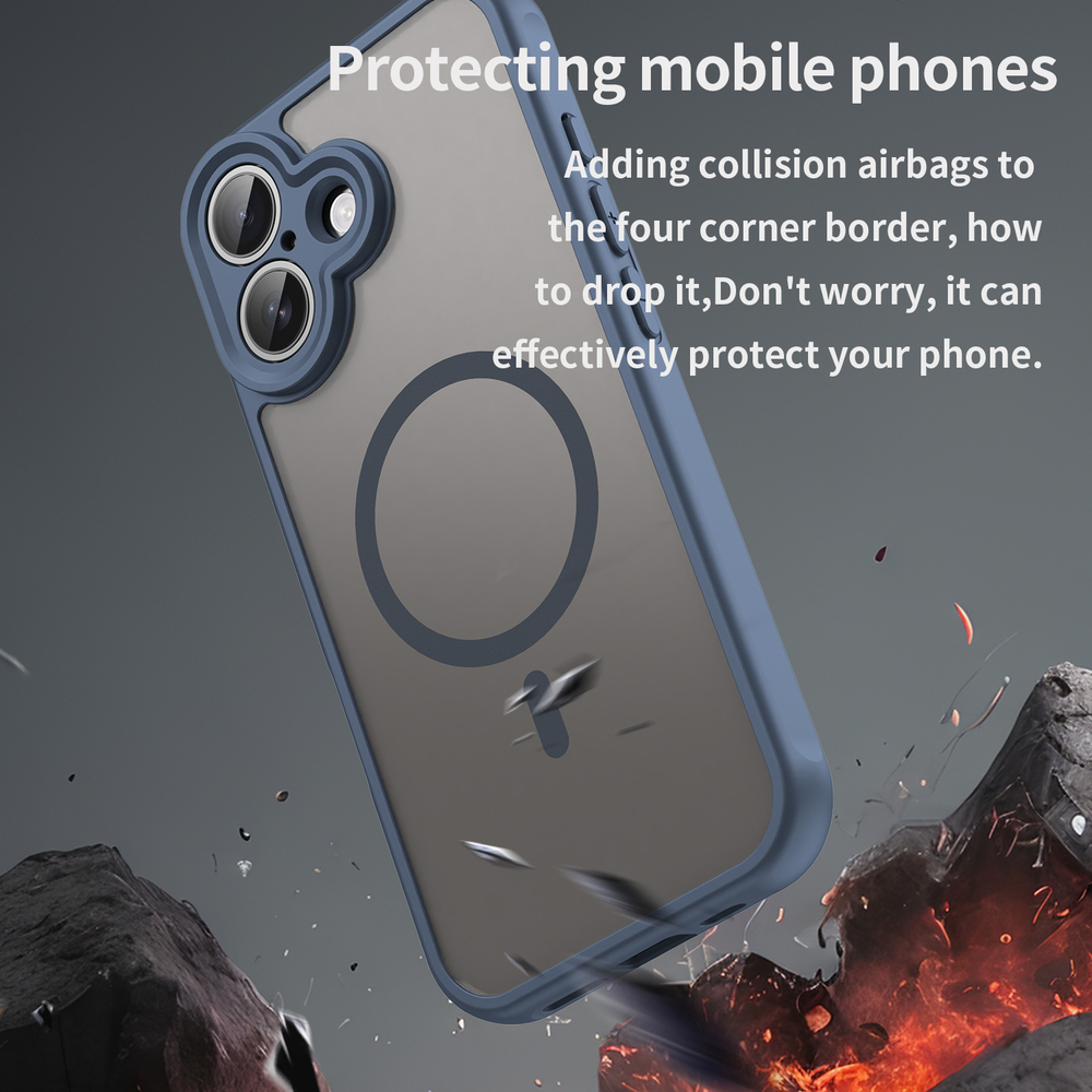 Полупрозрачный матовый чехол с MagSafe для iPhone 17, боковые рамки синего цвета