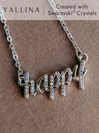 Тонкое колье-цепочка с подвеской-надписью Happy Счастливая со Swarovski