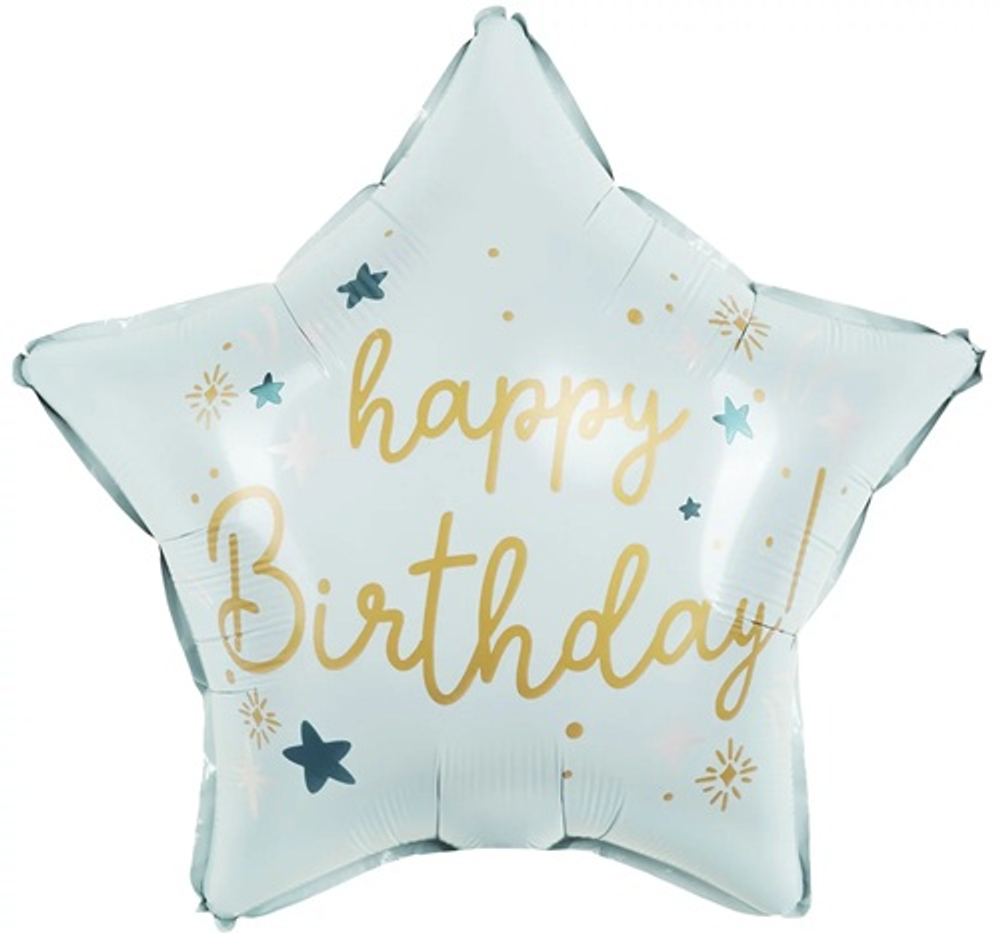 Шар фольга Звезда, Happy Birthday (звездочки), Светло-голубой, Сатин 45см уже с гелием