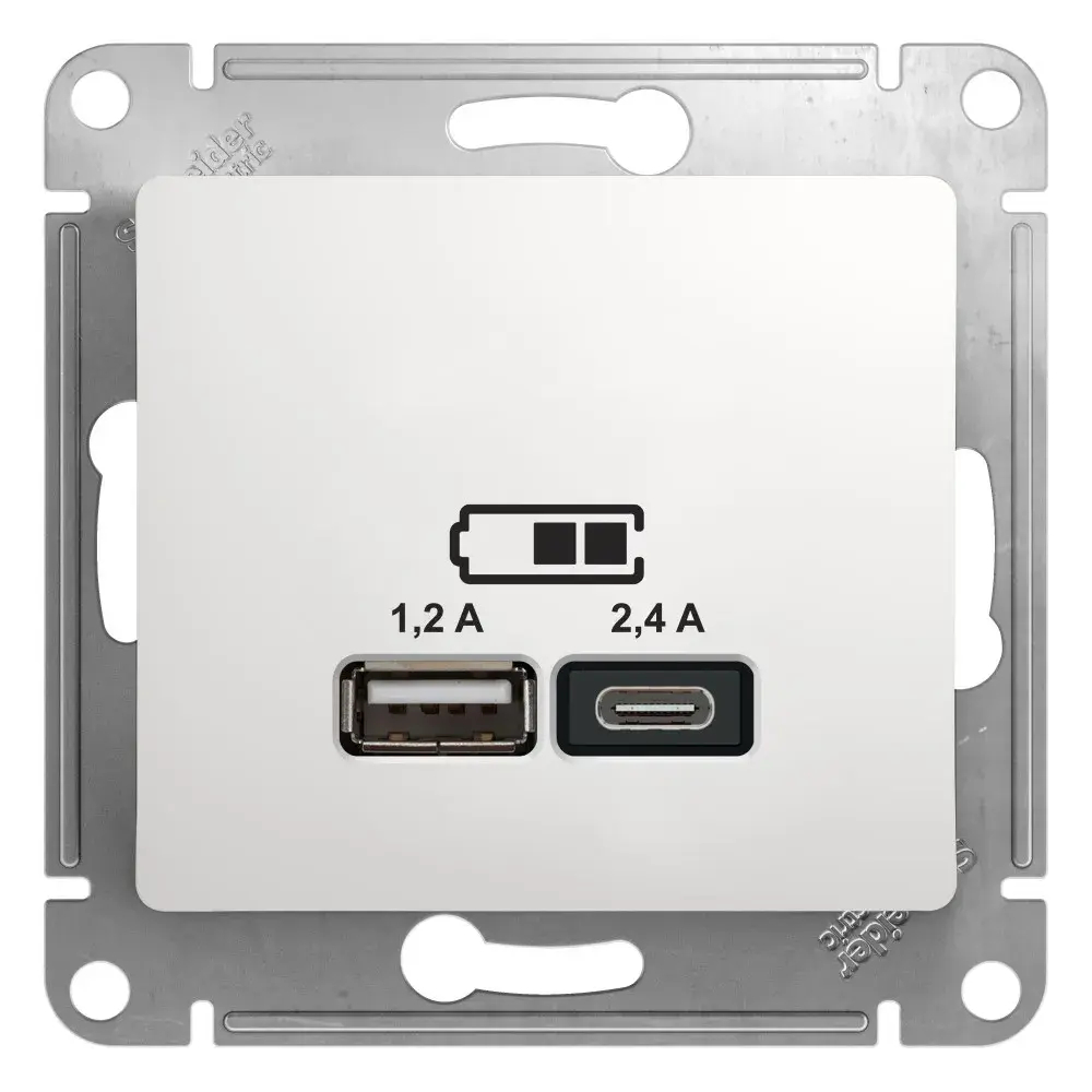 GLOSSA USB РОЗЕТКА А+С, 5В/2,4А, 2х5В/1,2А, механизм, БЕЛЫЙ