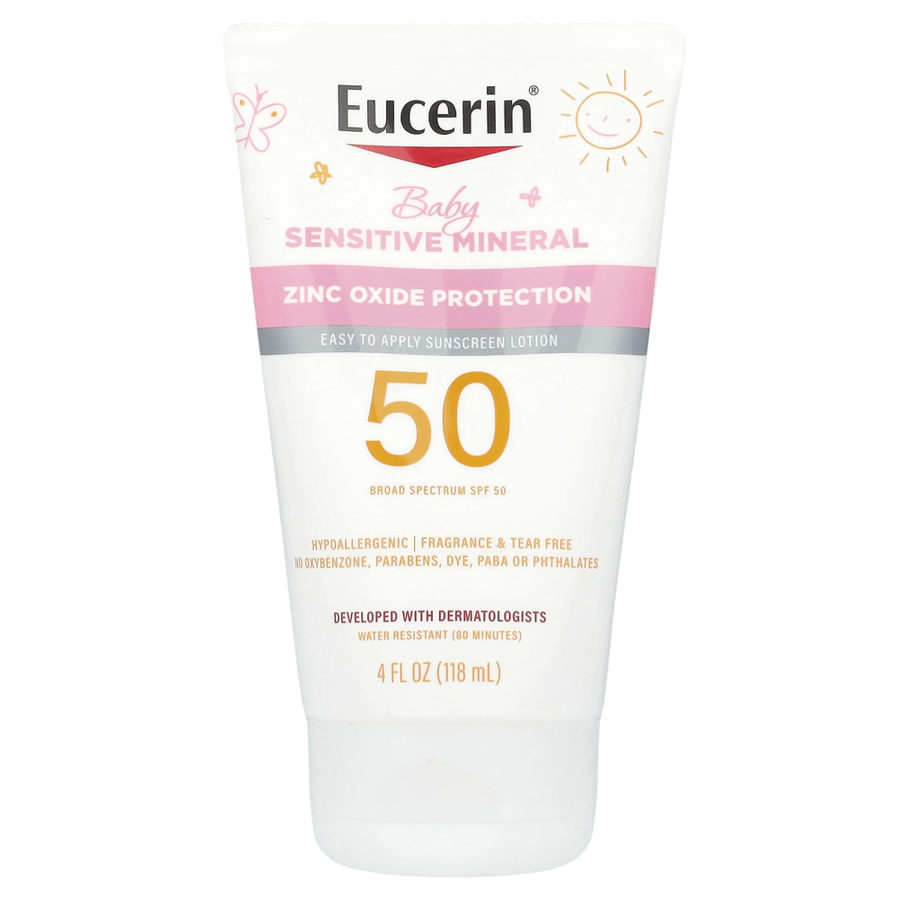 Eucerin, Для детей, минеральный солнцезащитный лосьон для чувствительной кожи, SPF 50, без отдушек, 118 мл (4 жидк. унц.)