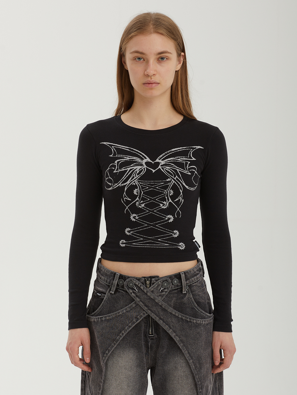 Женский Лонгслив Black Lace Up Print