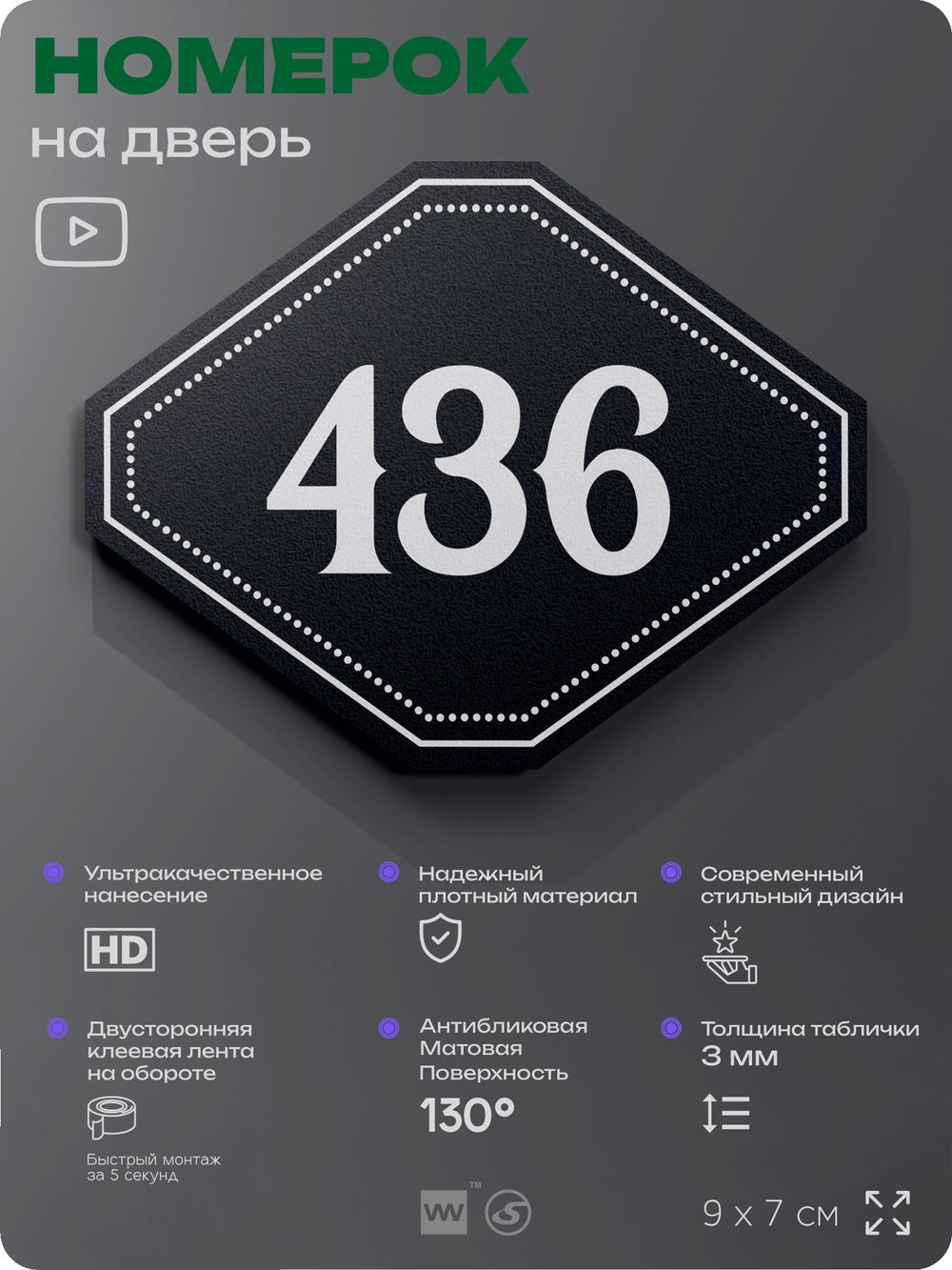 Номерок на дверь квартиры 436, для кабинета, офиса, шильдик 9 х 7 см, черный, Айдентика Технолоджи