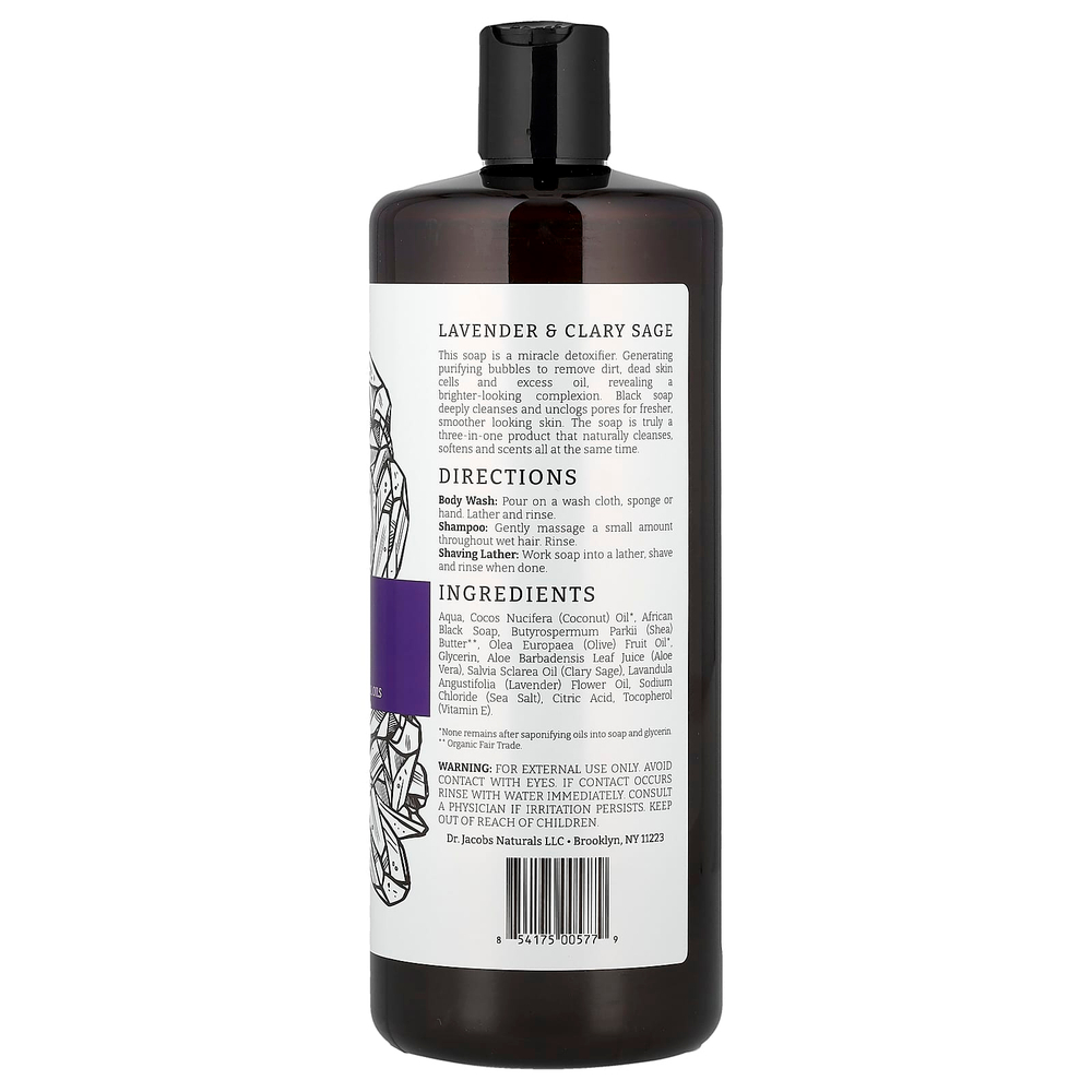 Dr. Jacobs Naturals, Африканское черное мыло для душа на растительной основе, эфирные масла лаванды и мускатного шалфея, 946 мл (32 унции)