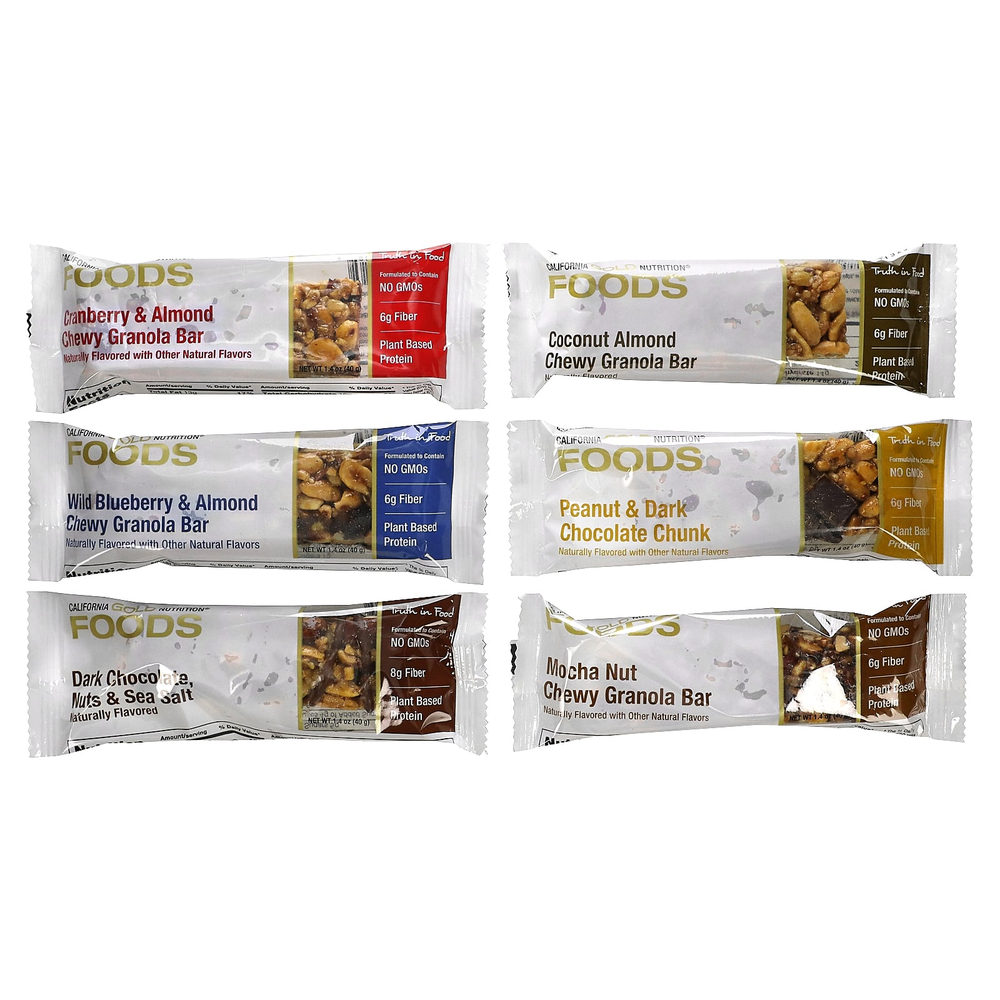California Gold Nutrition, FOODS, батончики-снеки, ассорти вкусов, 12 батончиков по 40 г (1,4 унции)