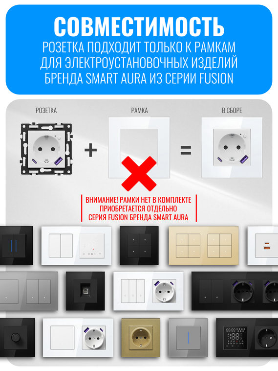 Умная Wi-Fi розетка с зарядным устройством USB и Type-C Smart Aura серия Fusion без рамки