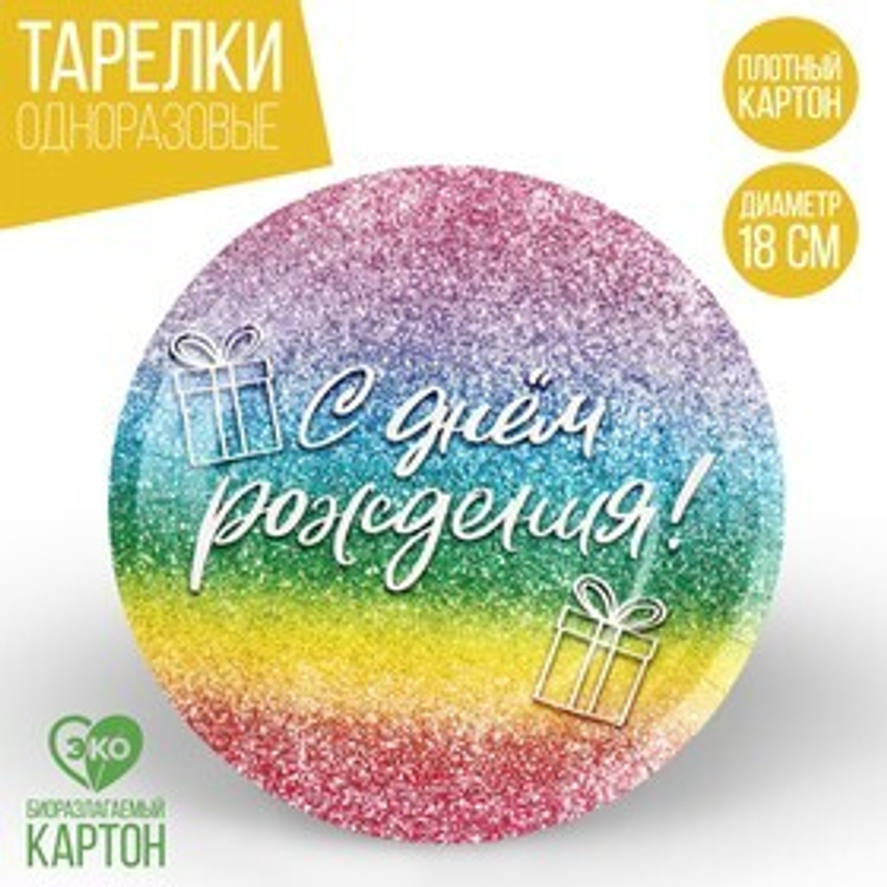 Тарелка одноразовая бумажная "С Днём Рождения",глитер 18 см