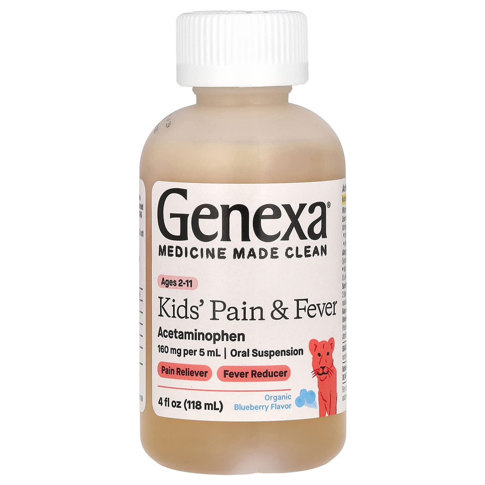 Genexa, Kids 'Pain & Fever, для детей 2–11 лет, органическая голубика, 160 мг, 118 мл (4 жидк. Унции)