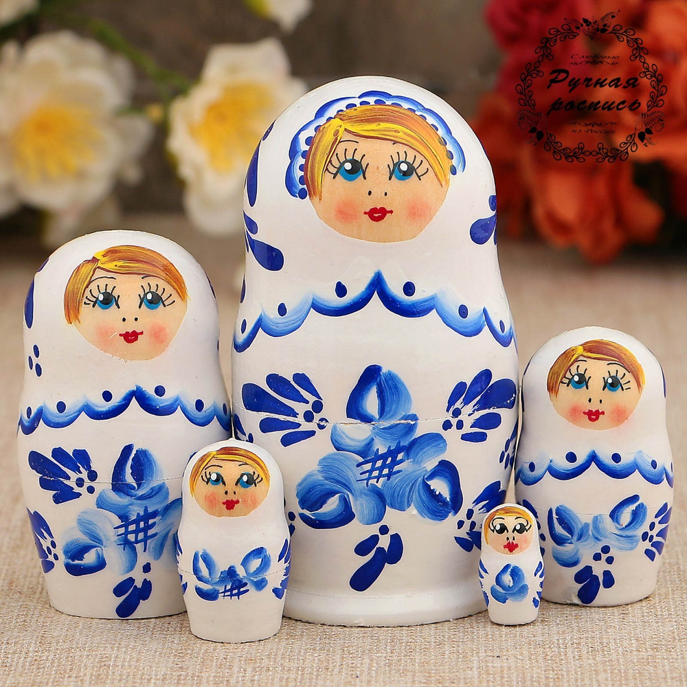 Сувенир Матрёшка Гжель дерево, белое платье, 5 кукольная, 10 см.