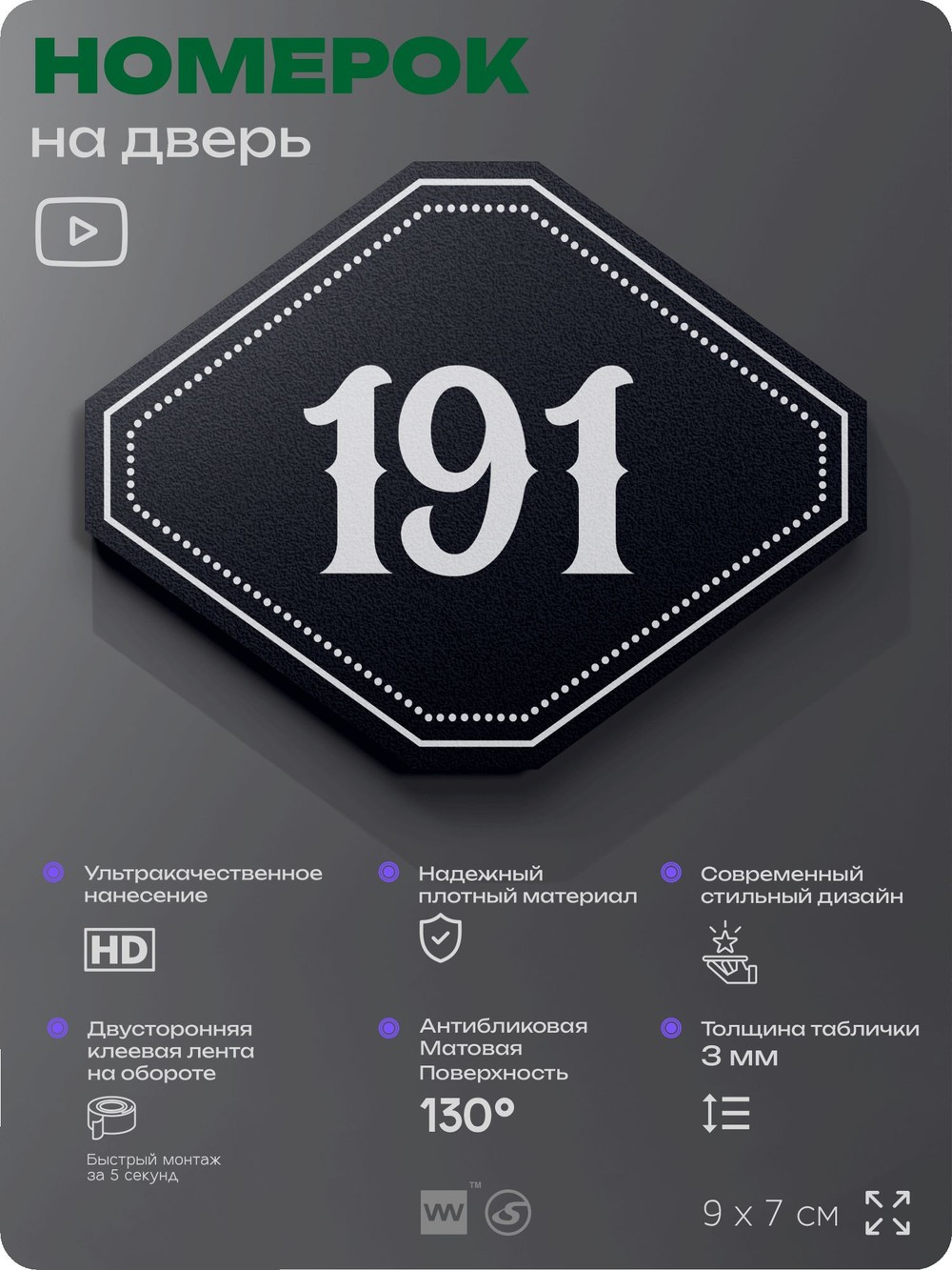 Номерок на дверь квартиры 191, для кабинета, офиса, шильдик 9 х 7 см, черный, Айдентика Технолоджи