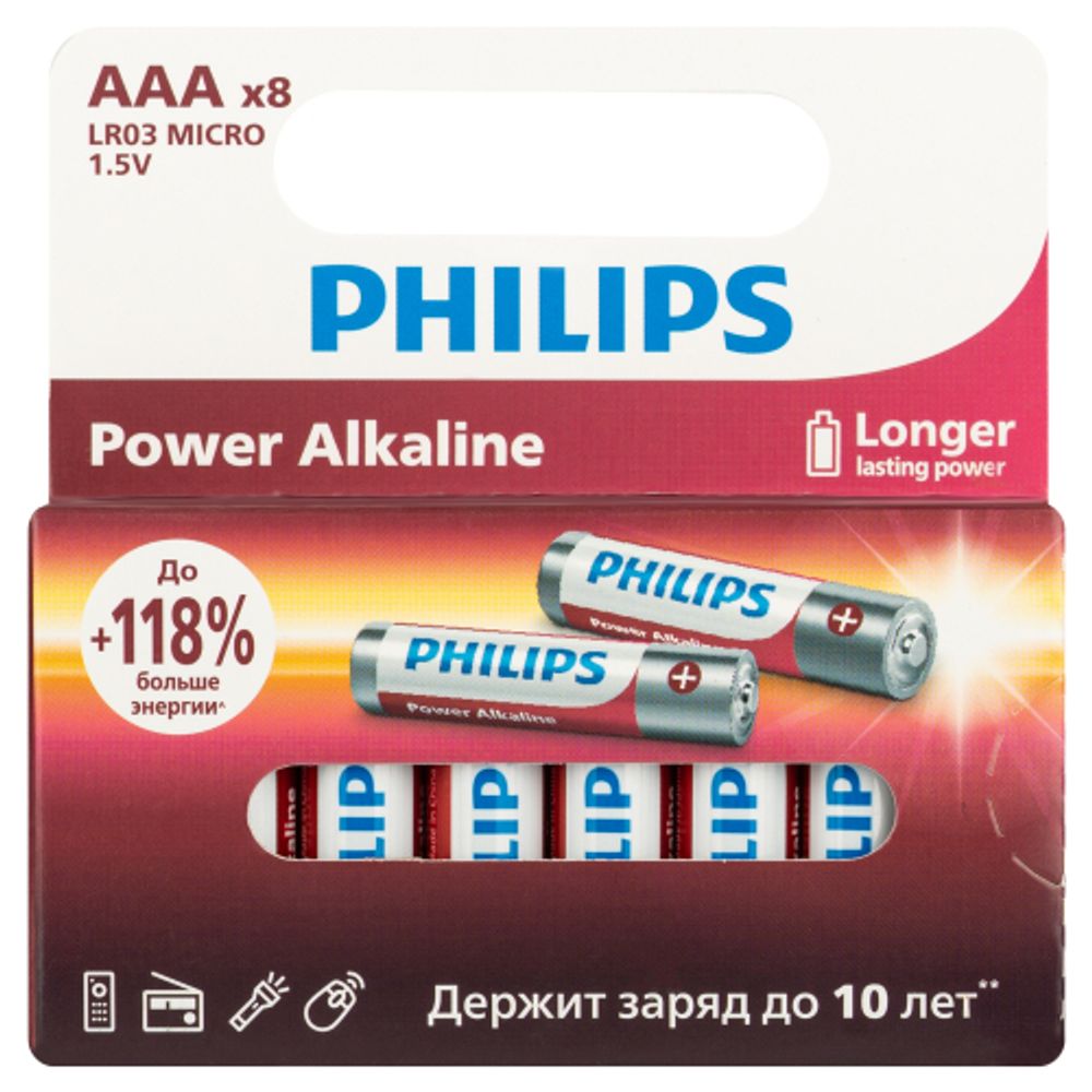 Батарейки Philips LR03P8W/51 ААА алкалиновые 1,5v 8 шт. LR03-8BL Power | Philips