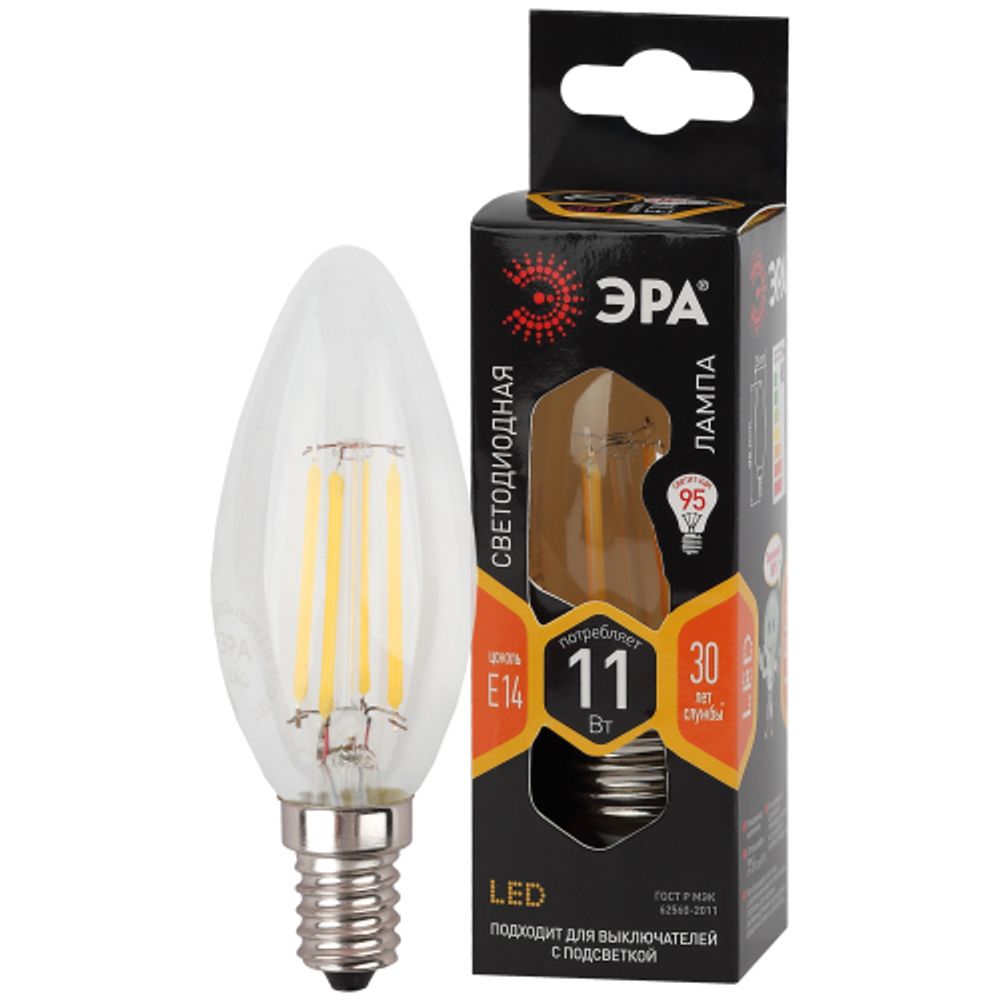 Лампа светодиодная ЭРА F-LED B35-11w-827-E14 11Вт филамент свеча теплый белый свет Е14 | Филаментные декоративные