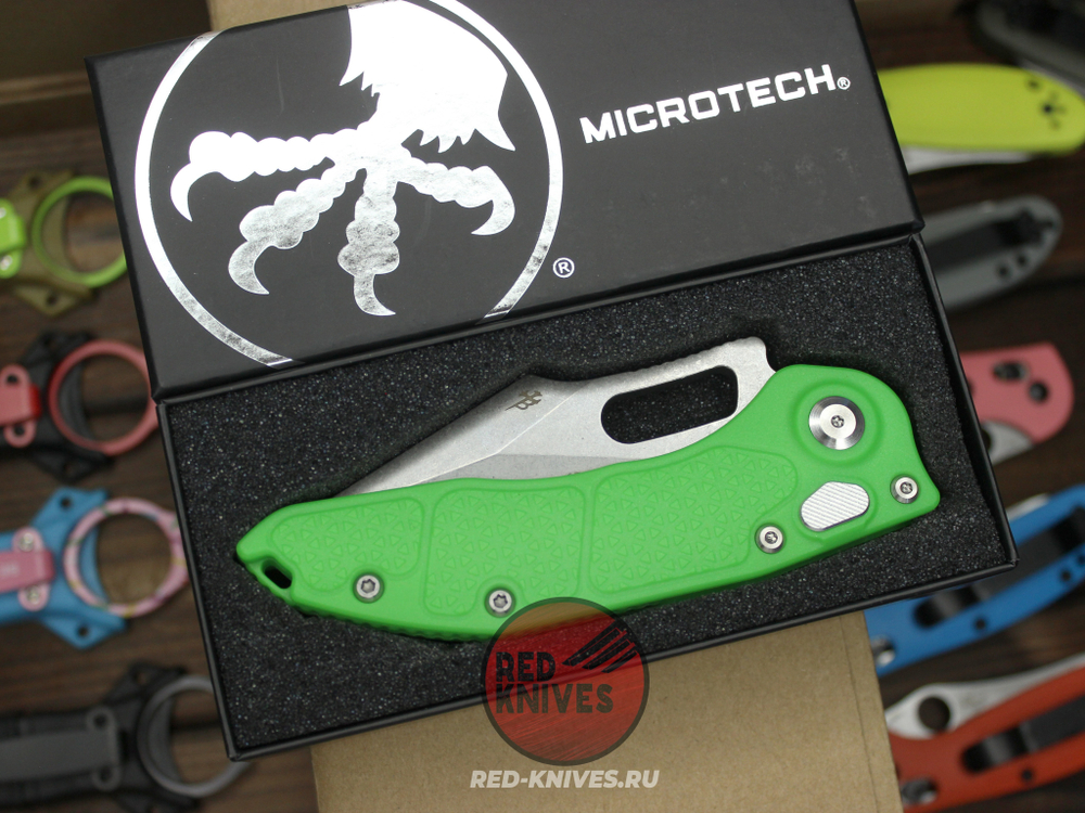 Нож Microtech Stitch Acid Green + пружина - светлый клинок, рукоять нейлон