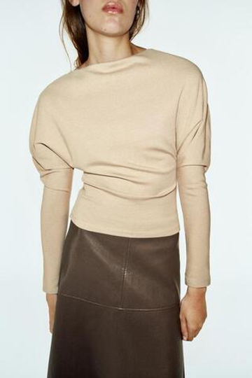 ZARA ФУТБОЛКА ОБТЯГИВАЮЩАЯ С ДЛИННЫМИ РУКАВАМИ, БЕЖЕВЫЙ МЕЛАНЖ