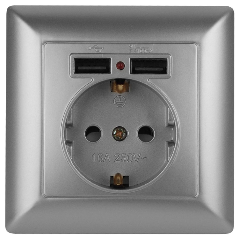 Розетка Intro Solo 4-410-03 с заземлением P+E Schuko со шторками 16А-250В + 2хUSB IP20 СУ алюминий | Intro Solo