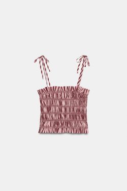 ZARA ТОП НА БРЕТЕЛЯХ В ПОЛОСКУ С РЮШАМИ, ОТТЕНКИ РОЗОВОГО
