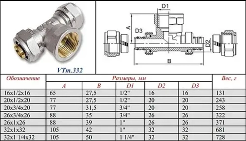 Тройник компрессионный переходной 26мм x 1"в x 26мм Valtec VTm.332.N.260626